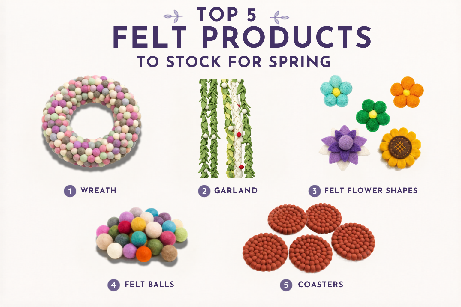 Five-product lineup showing wreath, garland, flower shape, felt balls, and coaster
